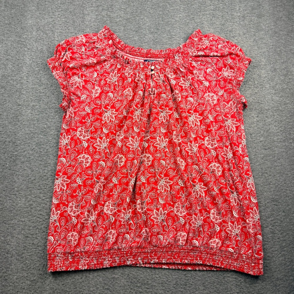 Chaps Women's 2X Red Paisley Floral Cap Sleeve Blouse Top Cotton
